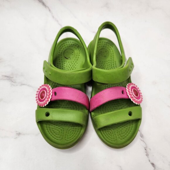 Crocs Keeley Sandals Pink Green Summer Rubber Flower Girls Child 10 - Picture 2 of 8